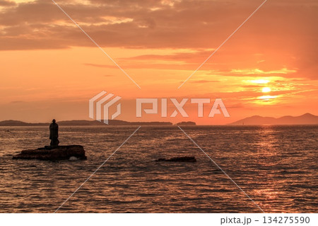 南知多町、聖崎上陸大師像と知多湾に登る朝日 134275590