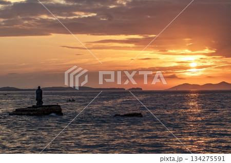 南知多町、聖崎上陸大師像と知多湾に登る朝日 134275591