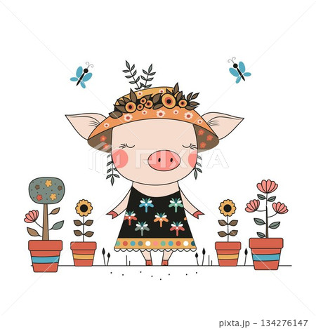 A charming illustration of a cute pig wearing a dress and a floral-decorated hat, standing among potted plants, flowers, and butterflies. Perfect for kids posters, greeting cards, prints, and cozy 134276147