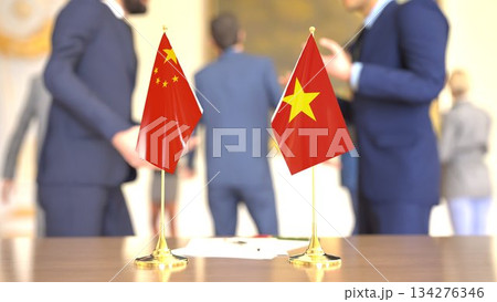 China - Vietnam border negotiation desk flags, 3D rendering 134276346