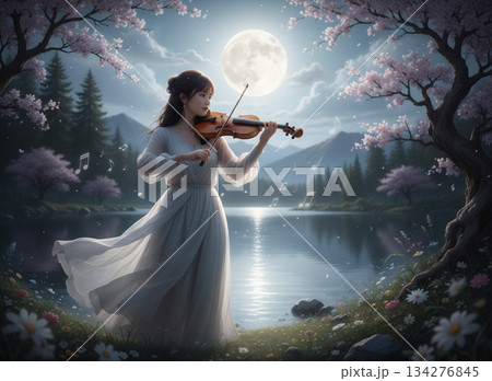 桜咲く湖岸　満月の夜にバイオリンを弾く女性 134276845
