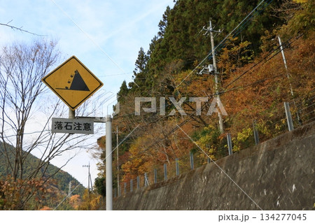 落石注意の道路標識 134277045
