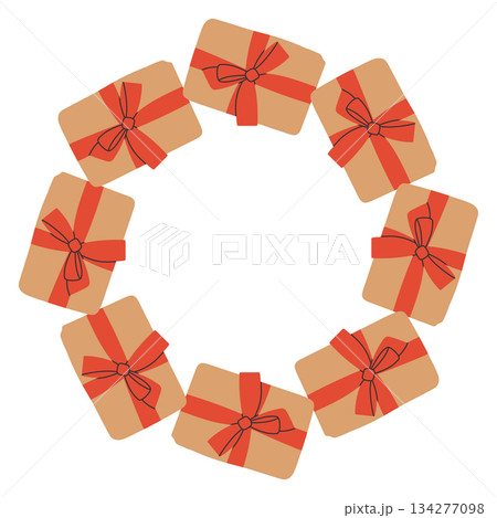 Vector illustration of a circular frame made of gift boxes wrapped with ribbons. A festive and cozy holiday border perfect for Christmas cards, packaging, labels, and seasonal design projects 134277098
