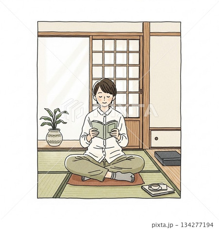 古民家の和室で読書する女性 134277194