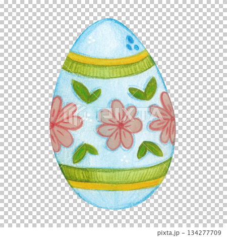 Blue Easter egg with patterns. Hand-drawn watercolor illustration, cartoon. Farm, animals, bird, village, poultry farm, holiday, children, Easter, eggs, celebration, fun, game 134277709