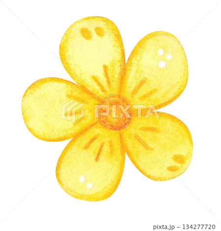 Yellow flower, folk, ornamental element. Hand-drawn watercolor illustration, cartoon. Flower, plant, decoration, holiday, children, Easter, isolated 134277720