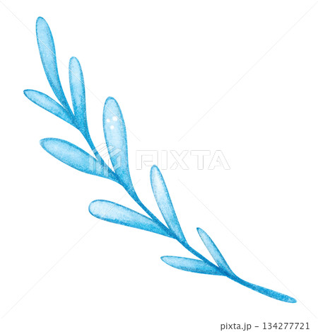 Blue branch with leaves, folk, ornamental element. Hand-drawn watercolor illustration, cartoon. Flower, plant, decoration, holiday, children, Easter, isolated 134277721