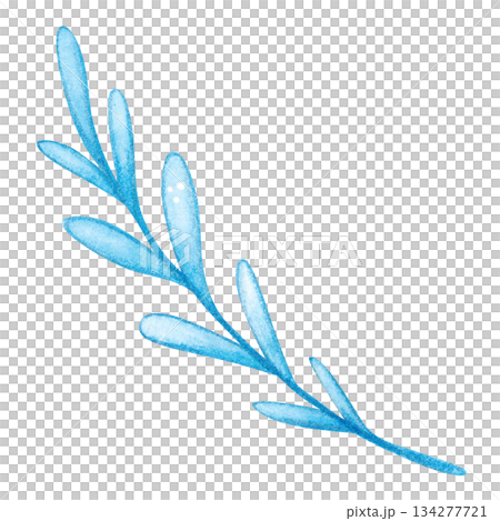 Blue branch with leaves, folk, ornamental element. Hand-drawn watercolor illustration, cartoon. Flower, plant, decoration, holiday, children, Easter, isolated 134277721