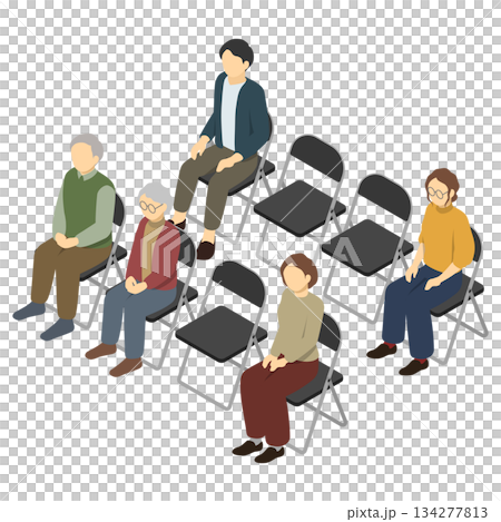 等距插圖:坐在折疊椅上的人(正面) 等距插圖:坐在折疊椅上的人(正面) 134277813