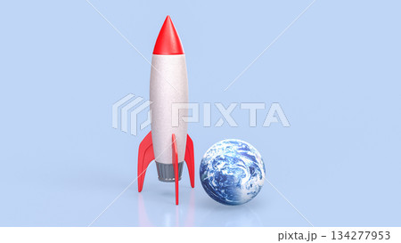 Colorful Rocket beside Earth Globe on Soft Blue Background 3d render. 134277953