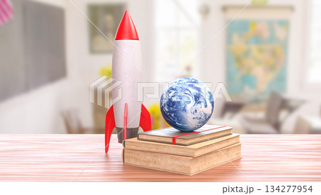Rocket and Earth Globe on Books in Bright...のイラスト素材 [134277954] - PIXTA