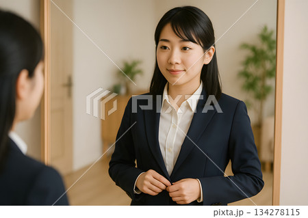入社式に備えて身支度を整える女性の鏡越しシーン 134278115