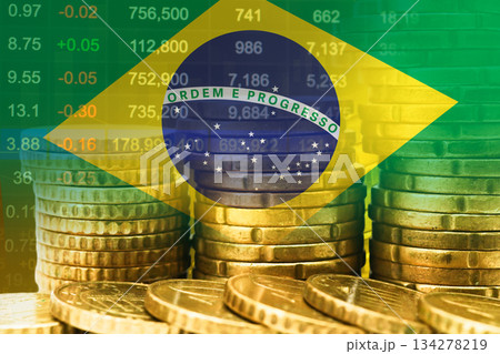 Brazil flag on stock investment trading with coin and graph. 134278219