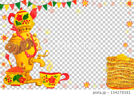 A festive frame for Maslenitsa featuring a samovar, caviar, pancakes, and treats. A vibrant hand-drawn watercolor illustration, cartoon-style. Suitable for invitations, postcards, and billboards A festive frame for Maslenitsa featuring a samovar, caviar, pancakes, and treats. A vibrant hand-drawn watercolor illustration, cartoon-style. Suitable for invitations, postcards, and billboards 134278381