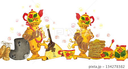 Seamless border of samovar, tea utensils and baked goods for the Maslenitsa holiday. Watercolor illustration, hand drawn in childish style. Drawing for postcards, paper Seamless border of samovar, tea utensils and baked goods for the Maslenitsa holiday. Watercolor illustration, hand drawn in childish style. Drawing for postcards, paper 134278382
