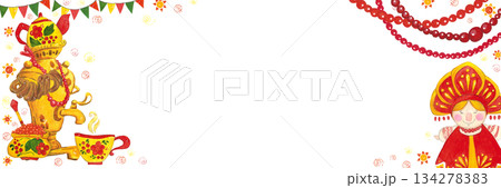 Festive Maslenitsa frame featuring a samovar, beads, a lady, tea, and caviar. A vibrant hand-drawn watercolor illustration, cartoon-style. Design for invitations, cards, and billboards 134278383