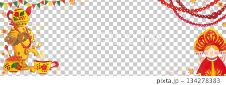 Festive Maslenitsa frame featuring a samovar, beads, a lady, tea, and caviar. A vibrant hand-drawn watercolor illustration, cartoon-style. Design for invitations, cards, and billboards 134278383