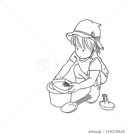 お砂場遊びをする子どもの線画｜Child playing in sandbox line art 134278426