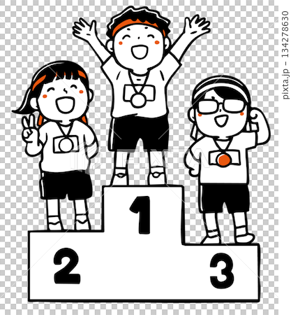 運動會領獎台上的學生_黑白 134278630