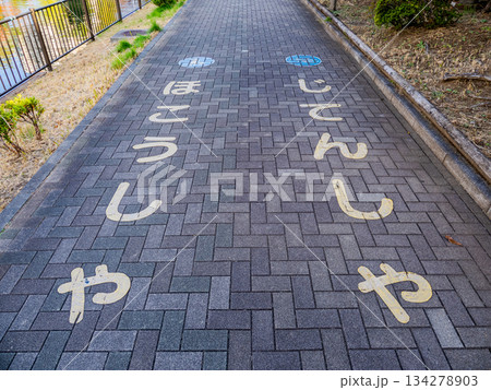 公園内での歩行者と自転車の通行区分を示す法定外の路面標示 134278903