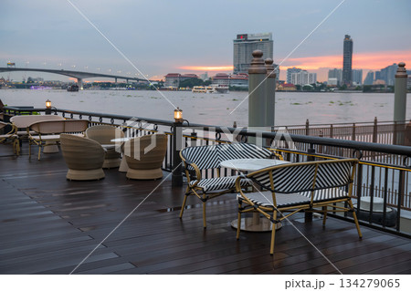 outdoor cafe and restaurant riverside by Chao Phraya river, Bangkok 134279065
