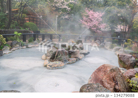Oniishibozu Jigoku hot spring with sulfur and pink sakura blooming, Beppu Oniishibozu Jigoku hot spring with sulfur and pink sakura blooming, Beppu 134279088