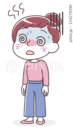 発熱・高熱でつらそうな女性のイラスト（体調不良・インフルエンザ） 134279390