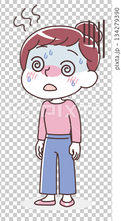 発熱・高熱でつらそうな女性のイラスト（体調不良・インフルエンザ） 134279390