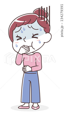 吐き気を感じて苦しむ女性のイラスト（嘔吐・体調不良・つわり） 134279391