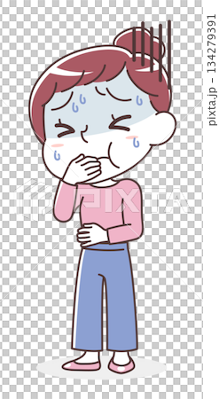吐き気を感じて苦しむ女性のイラスト（嘔吐・体調不良・つわり） 134279391