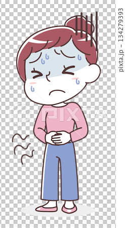 Illustration of a woman suffering from stomach pain and gastrointestinal problems (food poisoning, stress, constipation, diarrhea) Illustration of a woman suffering from stomach pain and gastrointestinal problems (food poisoning, stress, constipation, diarrhea) 134279393
