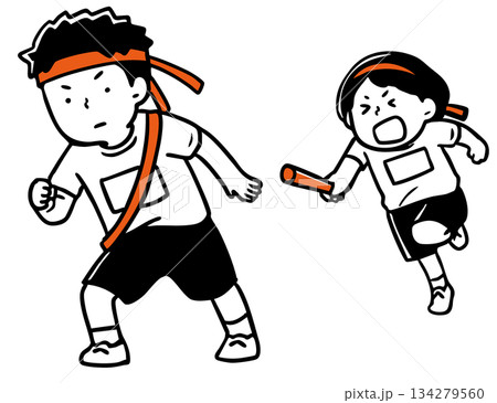 運動会のリレーのバトンパス_単色 134279560