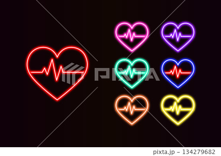 Neon heart with heartbeat pulse icon set glowing ECG love symbols on dark background. 134279682