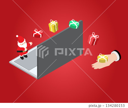 Santa Claus Delivering Christmas Gifts Through a Laptop Portal 134280153