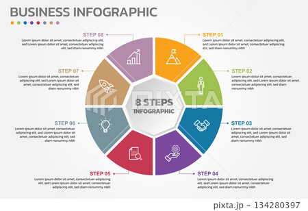 Visual data presentation. Cycle diagram with 8 options. Pie Chart Circle infographic template with 8 steps, options, parts, segments. Business concept. Marketing infographic vector illustration. 134280397