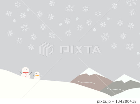 仲良し雪だるまと雪の結晶　冬の風景背景素材 134280418