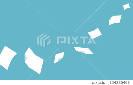 めくれるように横に流れ舞う複数のシンプルな紙イラスト（背景青色） 134280468
