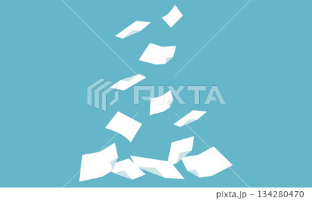 上から下へヒラヒラと舞い降り積もるたくさんのシンプルな白い紙イラスト（背景青色） 134280470