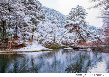 雪化粧した「下呂 考子ケ池」《岐阜県 下呂市》 雪化粧した「下呂 考子ケ池」《岐阜県 下呂市》 134280572