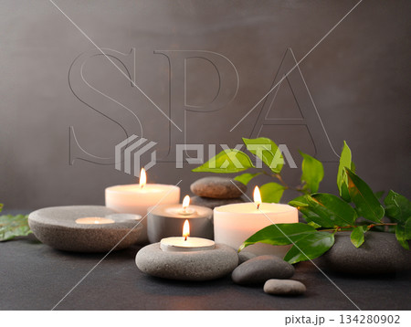 spa setting with green leaves 134280902