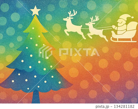 カラフルな冬の夜空と雪景色のクリスマスイラスト背景 134281182