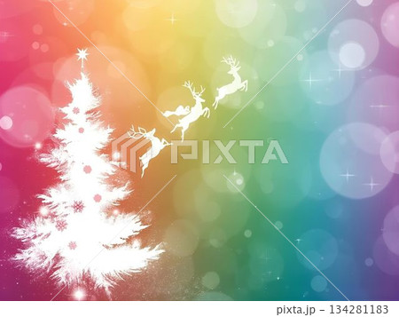 カラフルな冬の夜空と雪景色のクリスマスイラスト背景 134281183