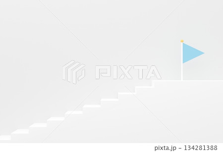 3D素材_シンプルな階段とフラッグ_水色 134281388