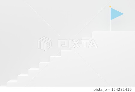 3D素材_シンプルな階段とフラッグ_水色 3D素材_シンプルな階段とフラッグ_水色 134281419
