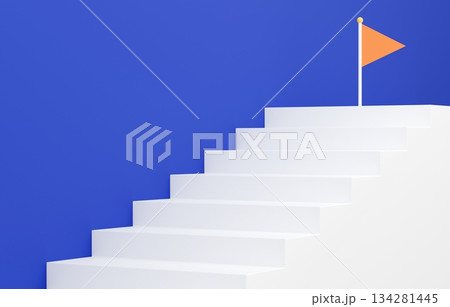 3D素材_シンプルな階段とフラッグ_青 134281445