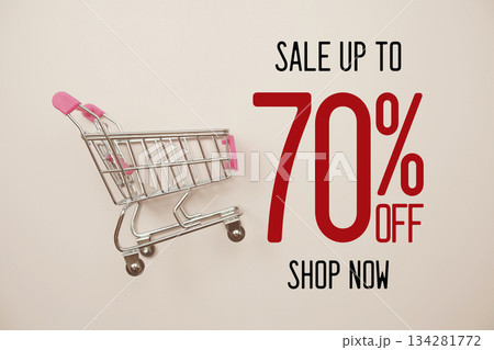 Sale 70% off Limited time offer text with trolley shopping cart on pink background 134281772