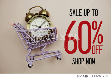 Sale 60% text with alarm clock and trolley shopping cart on pink background Sale 60% text with alarm clock and trolley shopping cart on pink background 134281780