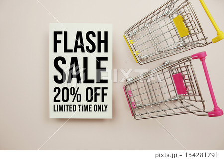Flash Sale 20% off text with trolley shopping cart on pink background 134281791