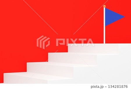 3D素材_シンプルな階段とフラッグ＿赤 134281876