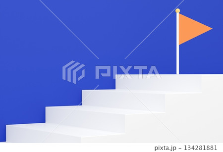 3D素材_シンプルな階段とフラッグ_青 134281881